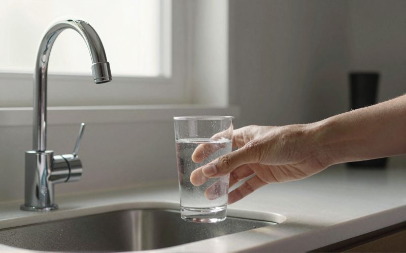 Illustration: a glass of tap water on a kitchen bench beside a chrome kitchen tap, morning light
