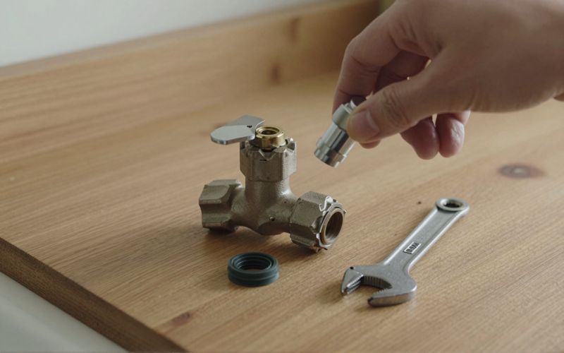 Illustration: a kitchen tap pulled apart on a timber bench: the tap body, a jumper valve, a small rubber washer and a shifting spanner