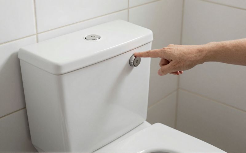 Illustration: a finger pressing the flush button of a white close-coupled toilet cistern in a clean tiled bathroom, side view