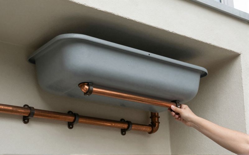 Illustration: copper water pipes under a laundry trough, with pipe clips on a wall